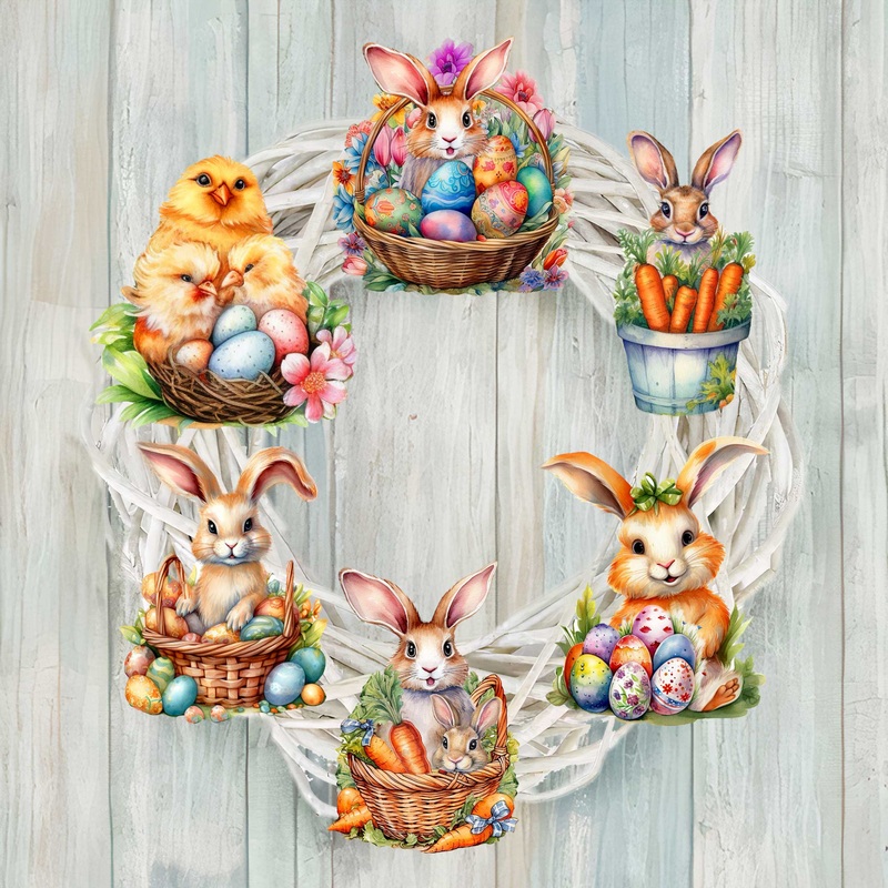 Eggs and Bunnies Decorative Wooden Clip-on Ornaments Set of 6 by G. Debrekht – Easter Decor – 8090057C-S6