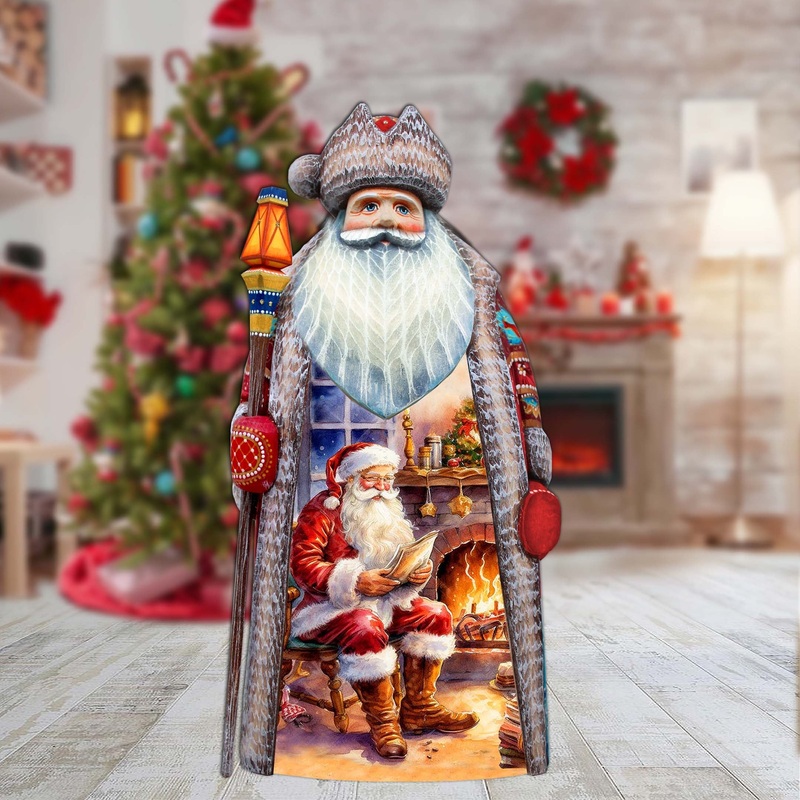 Fireside Magic List Santa Hand-Painted WOODCARVED Masterpiece by G. DeBrekht – Christmas Santa Snowman Decor – 210236SE