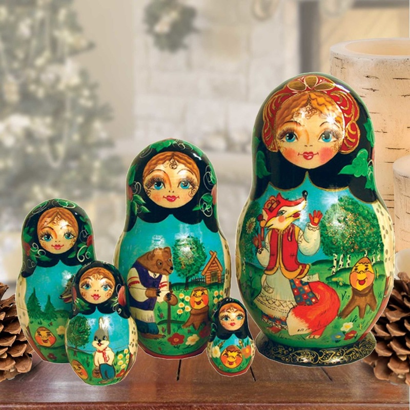 Gingerbread Matreshka Nesting Hand-Painted Doll Set of 5 by G. DeBrekht – Wildlife Holiday Decor – 120051