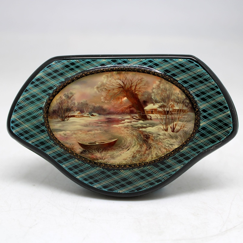 Handpainted Eagle at the River One-of-a-Kind Fedoskino Papier Mache Lacquered Miniature Box 4.5 x 3 Unique Handmade Gift Collectible and Home Decoration