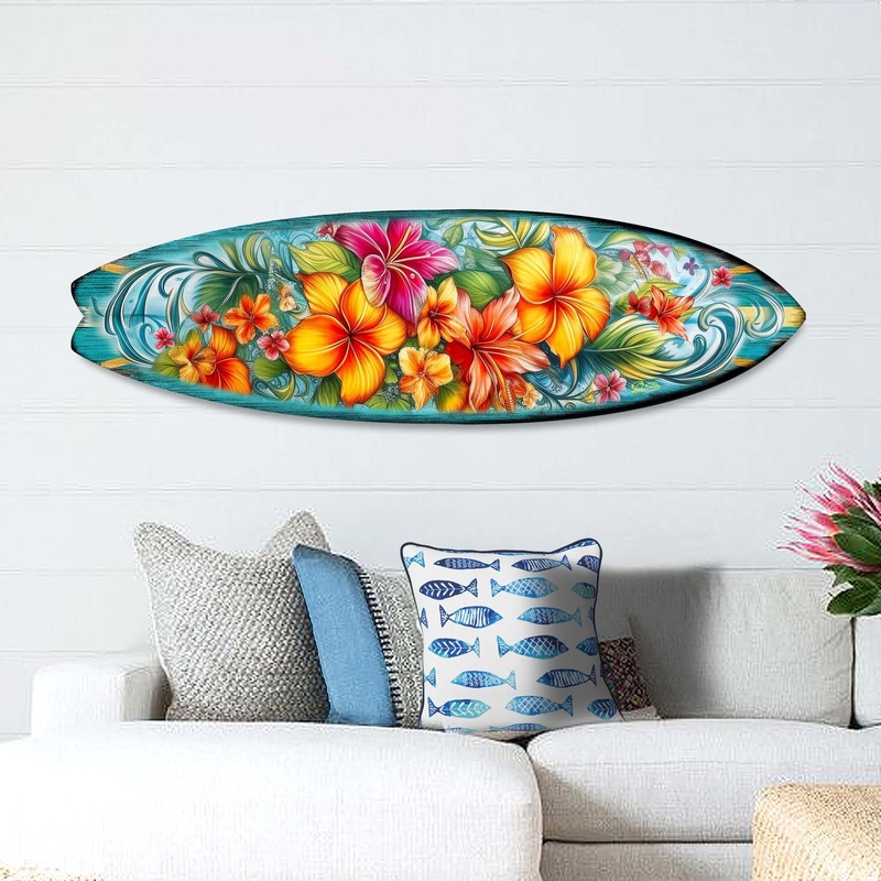 Hawaiian Flowers Surfboard Coastal Wall Art by G. DeBrekht – Coastal Holiday Decor – 8490121HS