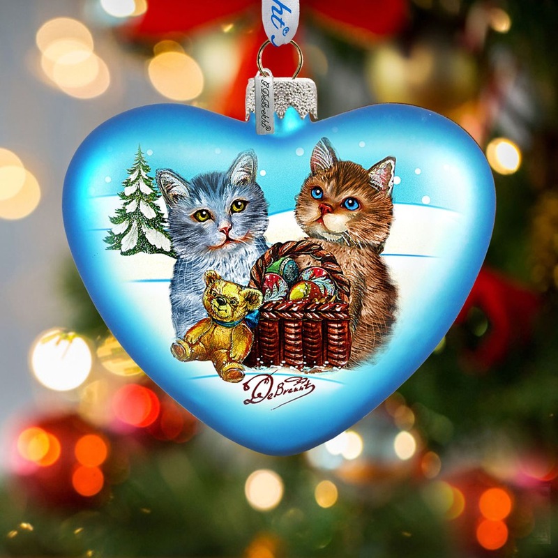 Kitty Cats Love Heart Glass Ornament by G. DeBrekht – Christmas Decor – 753-001