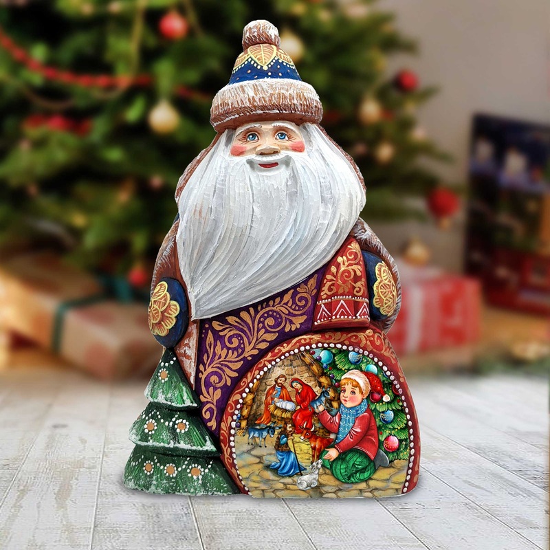 Nativity by the Christmas Tree Santa Hand-Painted WOODCARVED Masterpiece Figurine by G. DeBrekht – Christmas Decor – 8206015