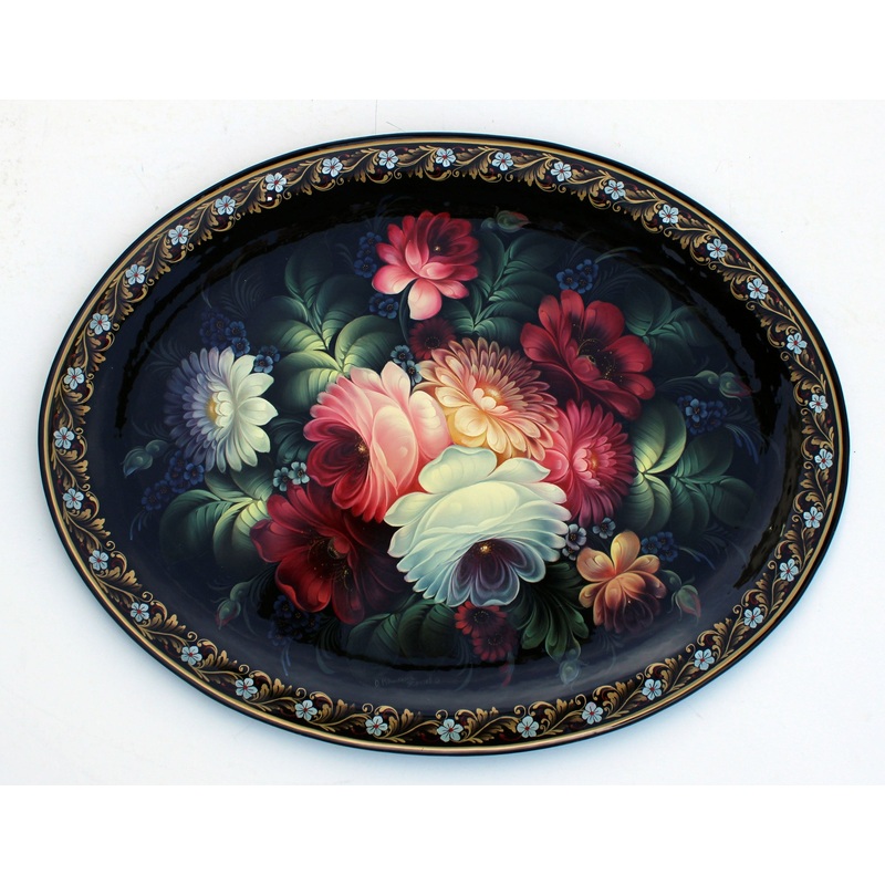 One-of-a-Kind Authentic Zhostovo Hand-Painted Metal Tray by Olga Koshkina 19×15 – Functional Kitchenware and Unique Wall Decor