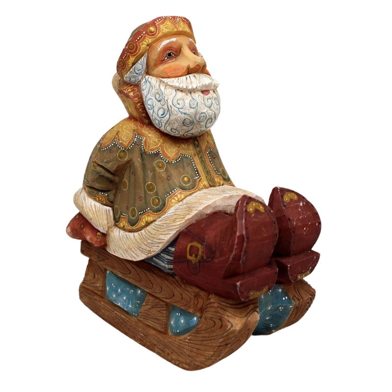 One-of-a-Kind Santa on Sleigh WOODCARVED Handpainted Figurine 4.5 by  Reserve