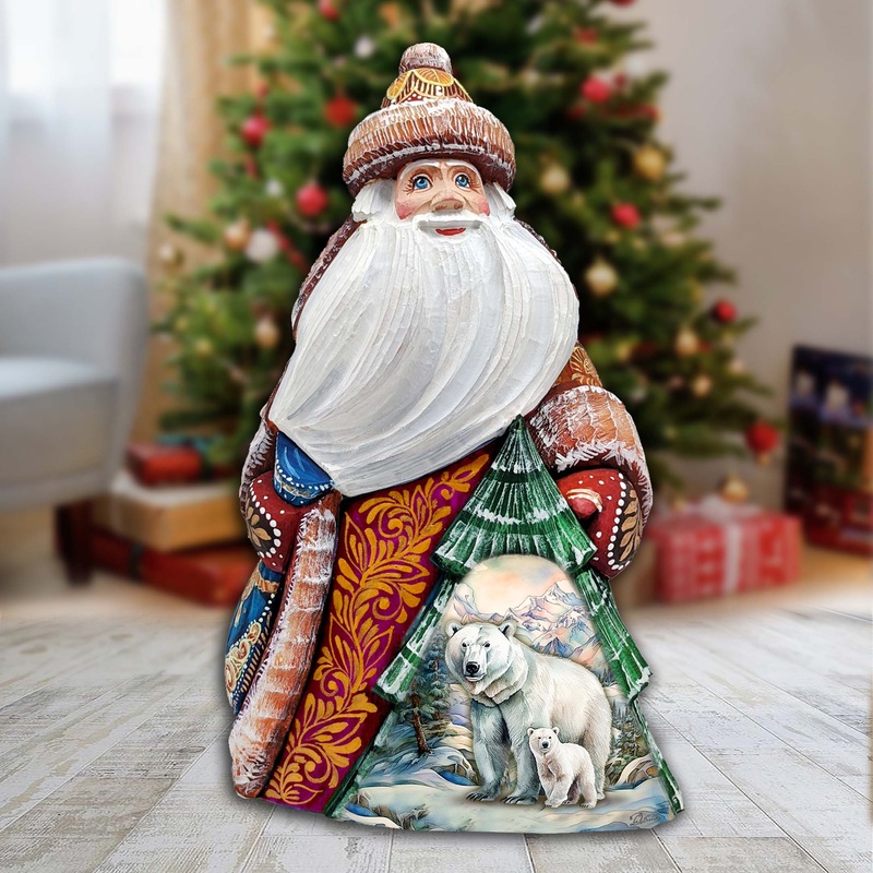 Polar Bear with Cub Santa Hand-Painted WOODCARVED Figurine by G. DeBrekht – Christmas Santa Snowman Decor – 8208016