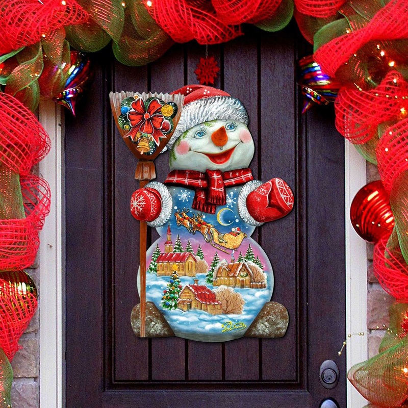 Santa In the Night Sky Snowman Door Decor by G. DeBrekht – Christmas Santa Snowman Decor – 818158H