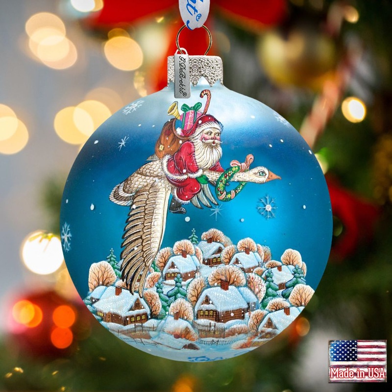 Santa on Goose Ball Glass Ornament by G. DeBrekht – Christmas Santa Snowman Decor – 73312
