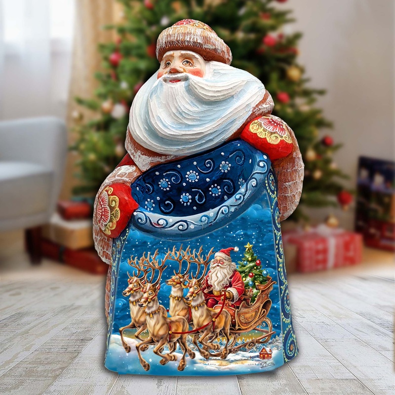 Santa’s Sleigh Santa Hand-Painted WOODCARVED Masterpiece Figurine by G. DeBrekht – Christmas Decor – 8203020 *** PRE-ORDER – Handmade Just for You! ***