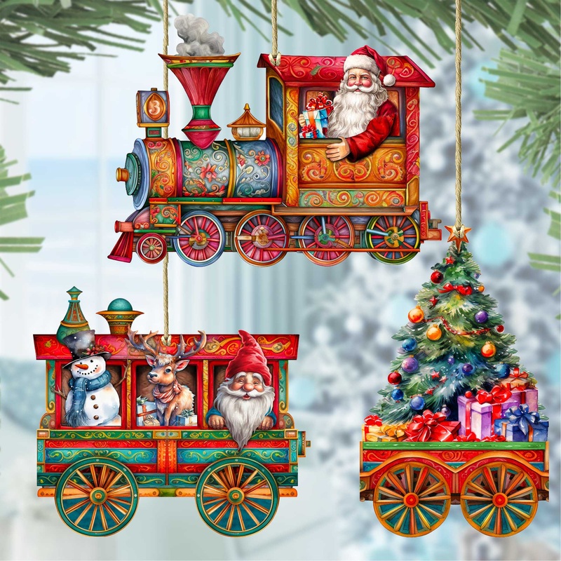 Santa’s Train Wooden Ornaments Set of 3 by G. Debrekht – Christmas Decor – 8100199S3
