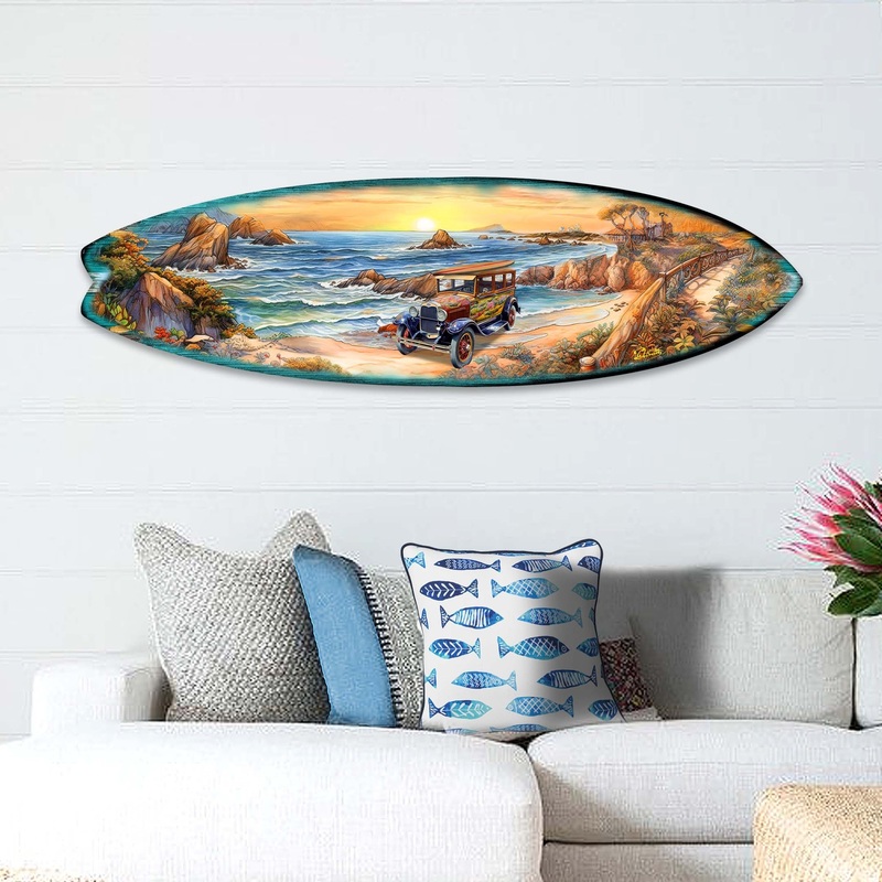 Sunrise at the Beach Surfboard Coastal Wall Art by G. DeBrekht – Coastal Holiday Decor – 8490124HS