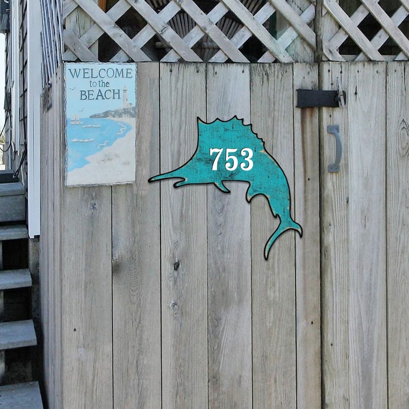 Swordfish Coastal Personalized House Number Sign by G. Debrekht – Coastal Sea-Life Decor – Handcrafted Wooden Handcrafted Wooden Handcrafted Wooden Address Sign – MA985492