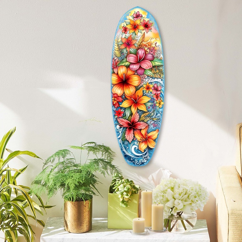 Tropical Flowers Surfboard Coastal Wall Art by G. DeBrekht – Coastal Holiday Decor – 8490113HS