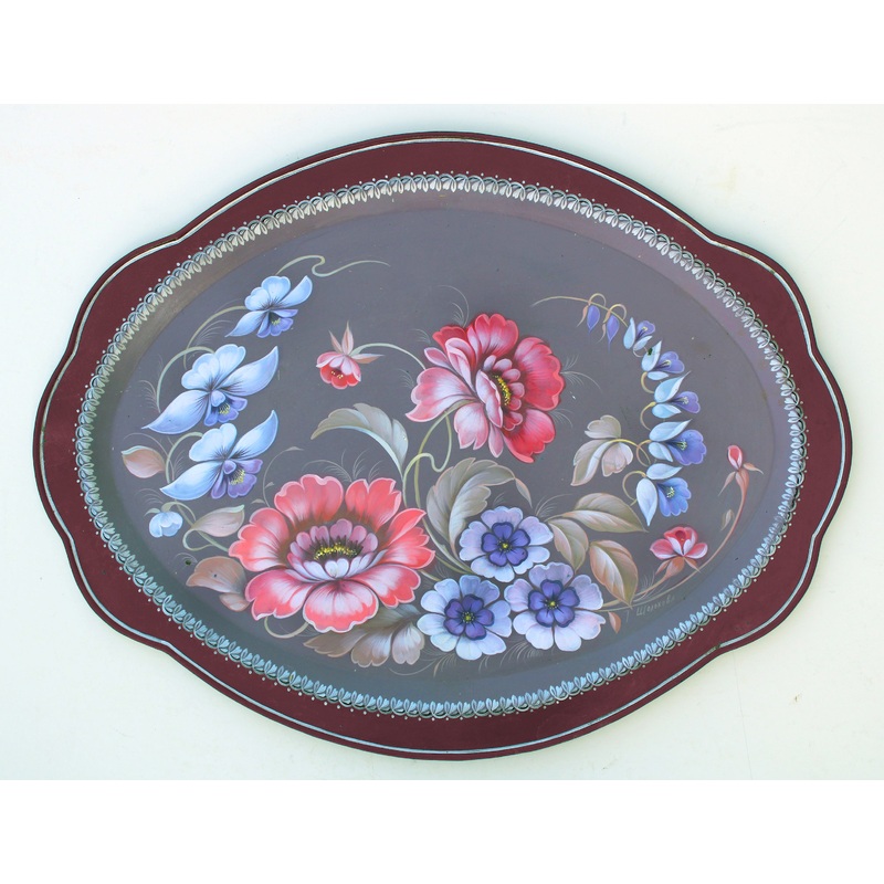 Unique Authentic Zhostovo Metal Tray Hand-Painted by Tatiana Sholohova 185 x 14 inches Functional Kitchenware for Table and Wall Decor