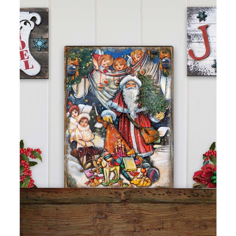 Vintage Gift Giver Santa Wooden Wall Art by G. DeBrekht – Christmas Santa Snowman Decor – 81291830B
