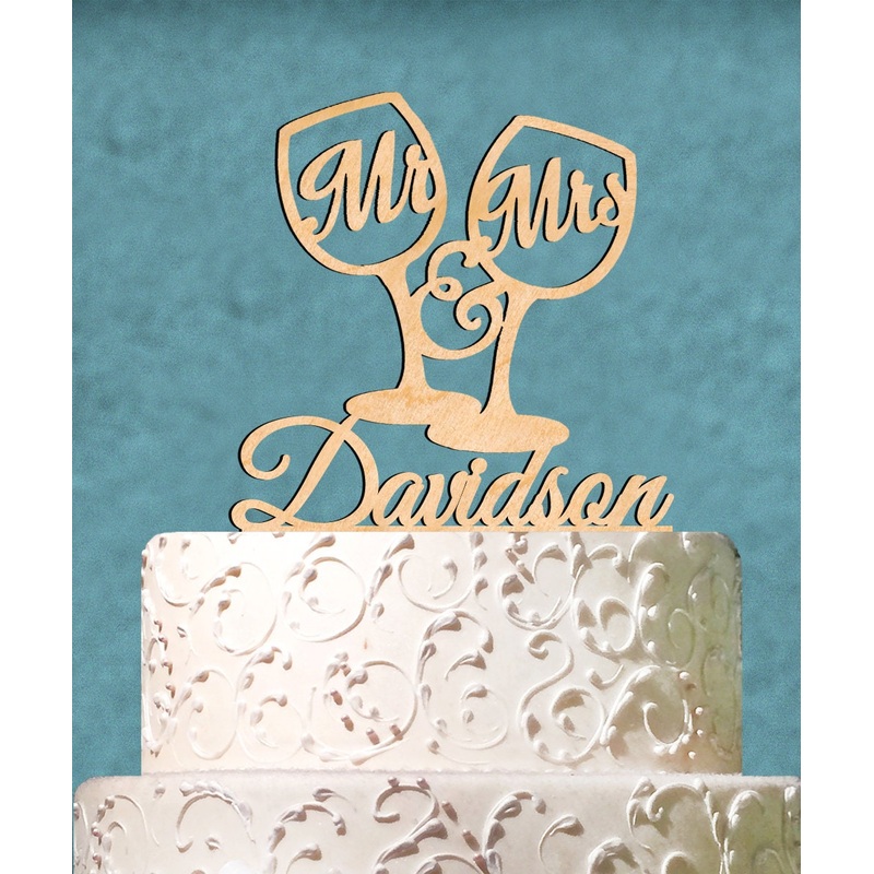 Wedding Cake Topper – Natural wood Custom Mr. & Mrs. Champagne Glasses with Last Name Cake Topper. Wedding, Initial, Celebration