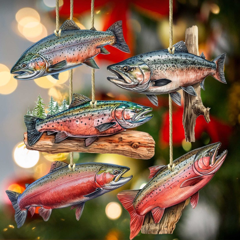 Alaskan Salmon Wooden Ornaments Set of 5 by G. Debrekht – Wildlife Holiday Decor – 8091322S5
