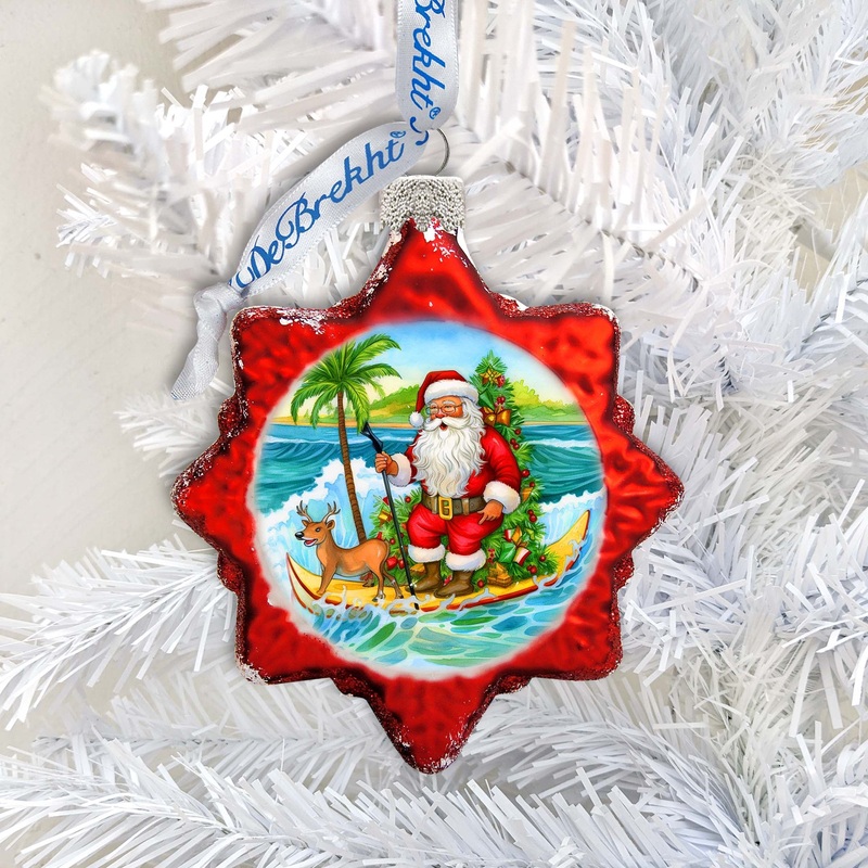 Beach House Decor – Santa on the Surfboard Keepsake Glass Ornaments by G. Debrekht – Christmas Decor – 777418