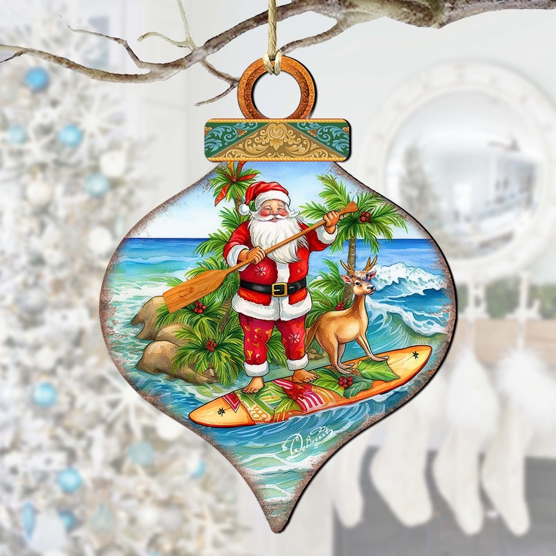 Beach Themed Ornaments – Santa’s Surf Wooden Ornaments by  Coastal Holiday Decor – 8688187
