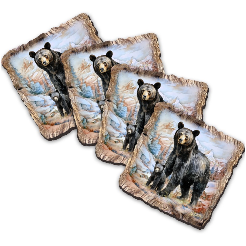 Black Bear Wooden Cork Coasters Gift Set of 4 by Nature Wonders Nature Wildlife Decor  – 95398C-S4