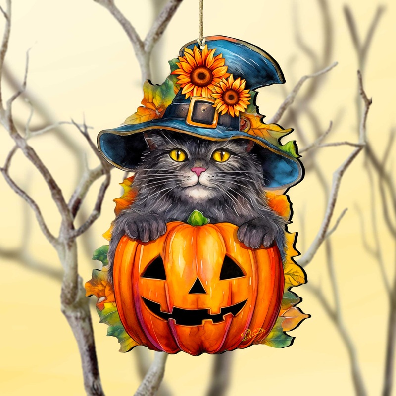 Black Cat Pumpkin Wooden Ornaments by G. Debrekht  Halloween Decor – 8652794