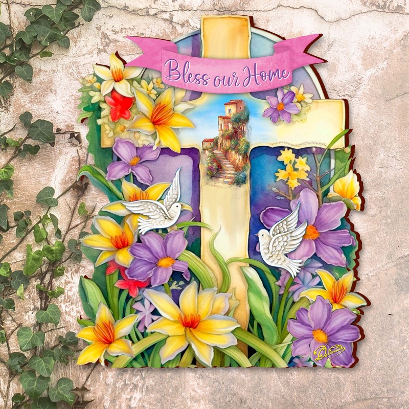 Bless Our Home Wooden Cross by G. Debrekht – Easter Spring Dcor – 88161