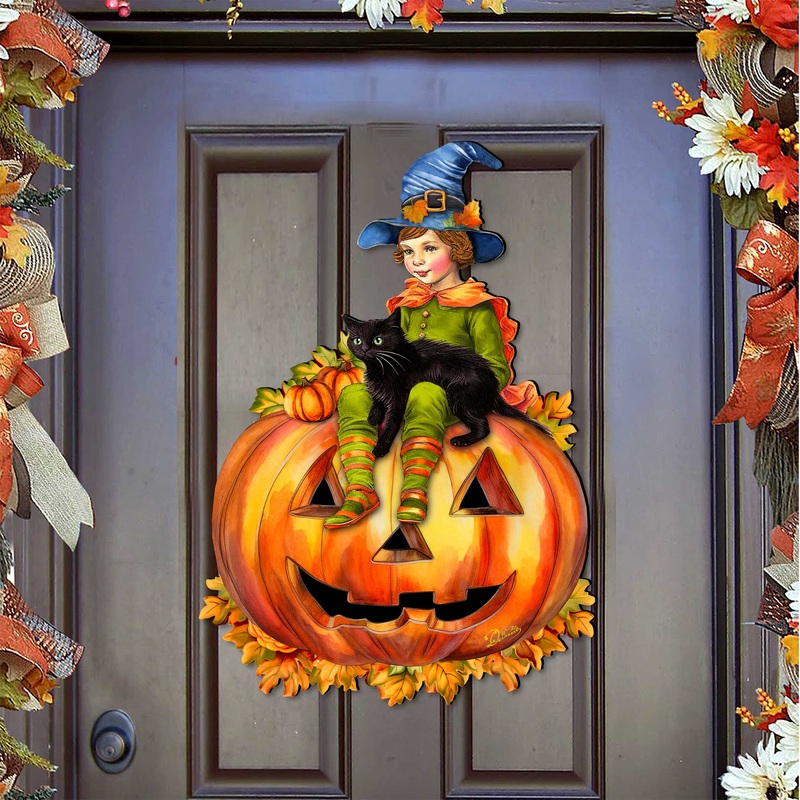 Boy on Pumpkin Holiday Door Decor by G. DeBrekht – Halloween Decor – 8652795H