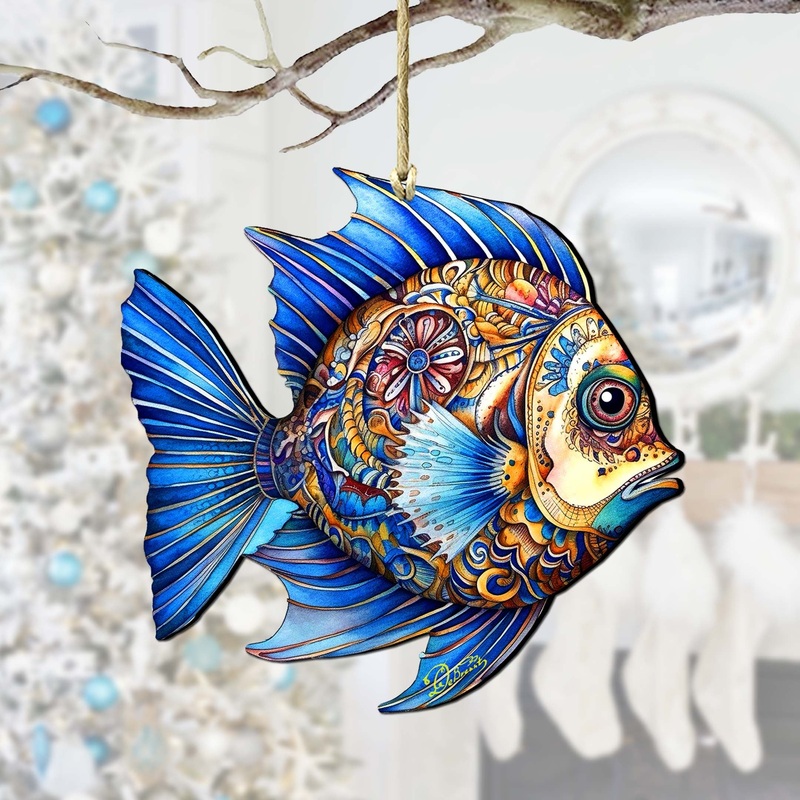 Coastal Christmas Ornaments – Aquamarine Aqua Fish Wooden Ornaments by G. Debrekht Coastal Holiday Decor – 8688306