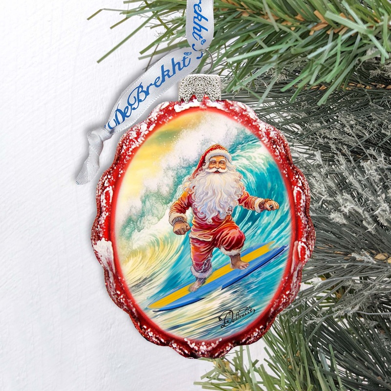 Coastal Christmas Ornaments  Santa on the Surfboard Keepsake Glass Ornaments by G. Debrekht – Coastal Holiday Decor – 777392