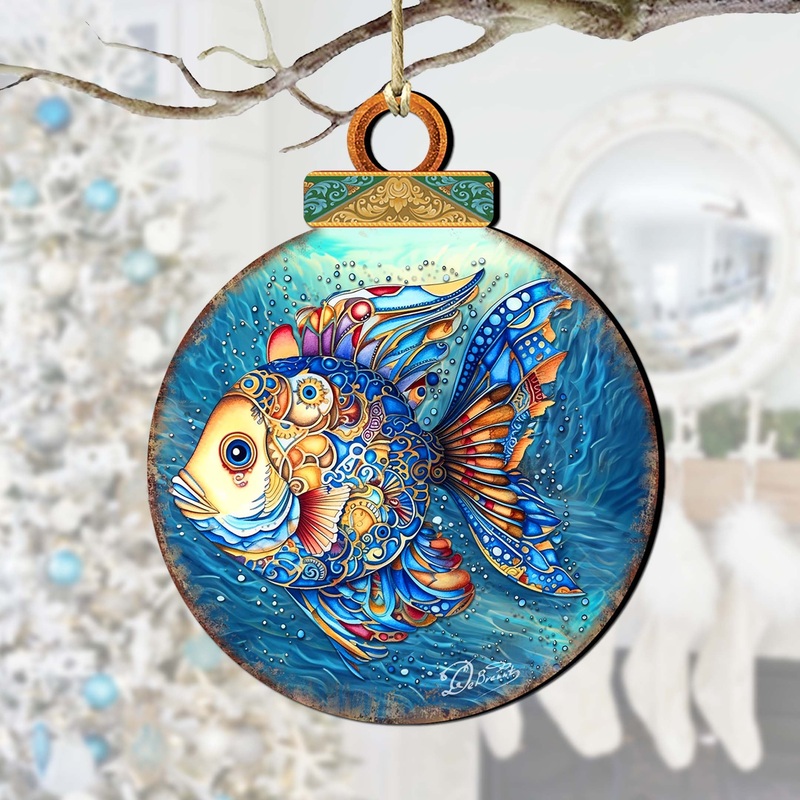 Coastal Decorations – Blue Fish Wooden Ornaments by  Coastal Holiday Decor – 8688181