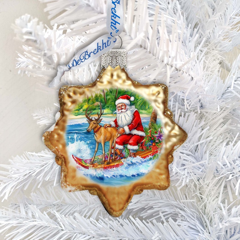 Coastal Decorations – Santa Claus Surfing Keepsake Glass Ornaments by G. Debrekht – Christmas Decor – 777419
