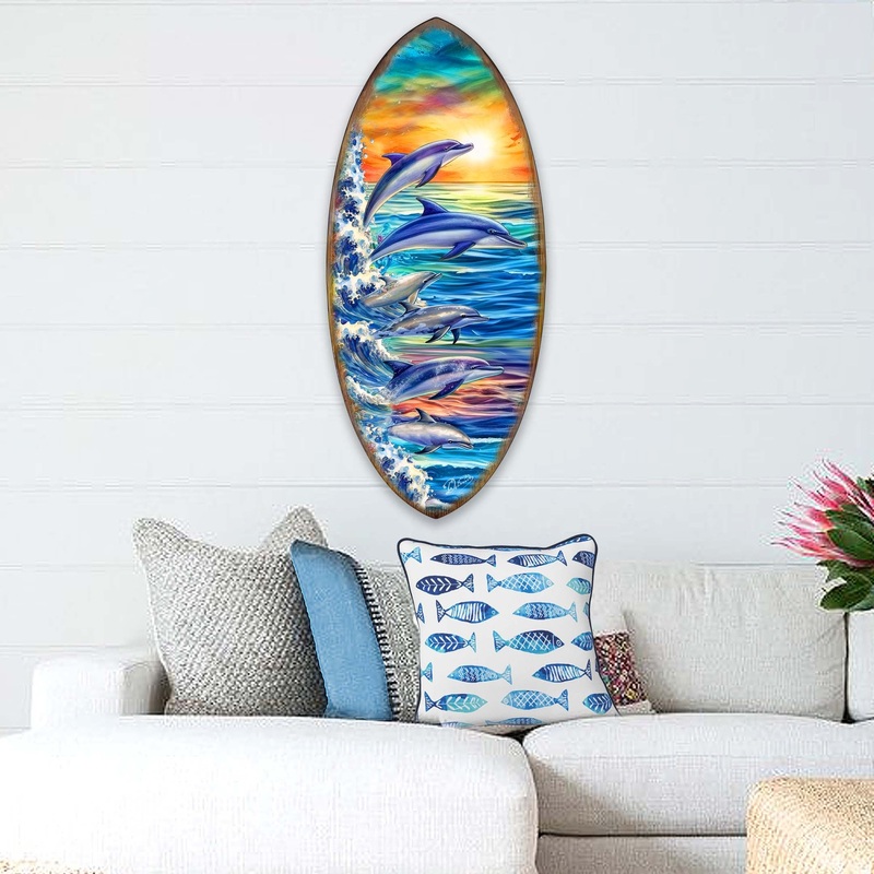 Dolphins Surfboard Coastal Wall Art by G. DeBrekht – Coastal Holiday Decor – 8490129HS
