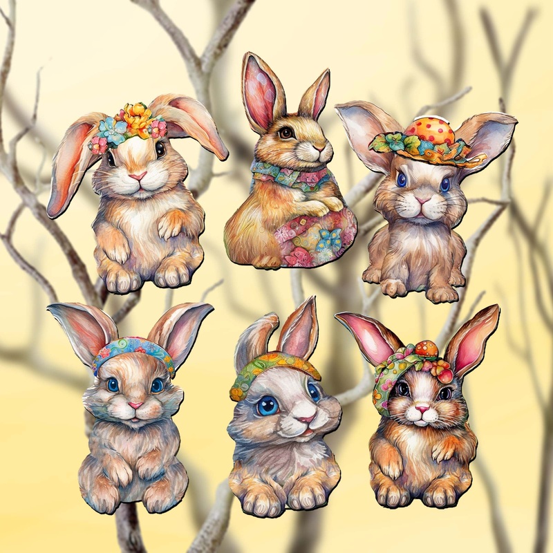Easter Bunnies Decorative Wooden Clip-on Ornaments Set of 6 by G. Debrekht – Easter Decor – 8090042C-S6