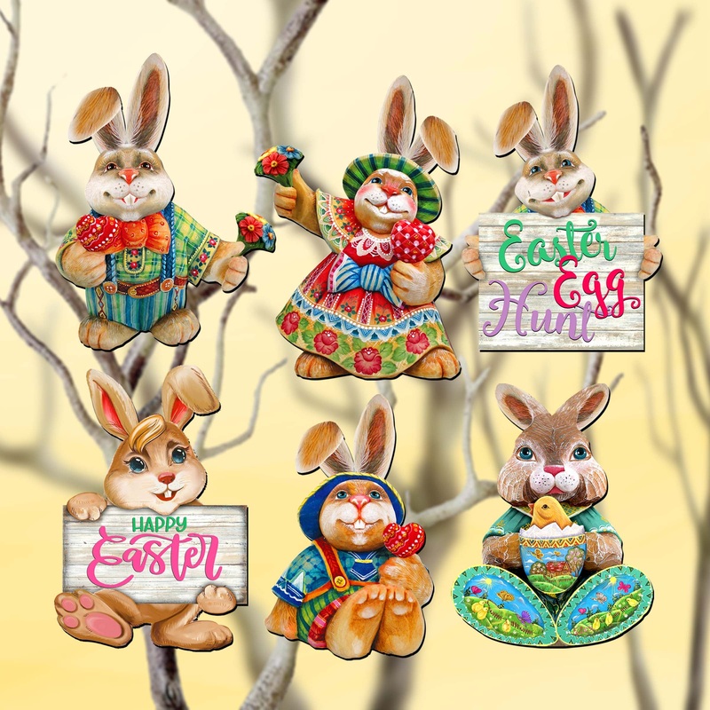 Easter Bunny Family Decorative Wooden Clip-on Ornaments Set of 6 by G. Debrekht – Easter Dcor – 8090041C-S6