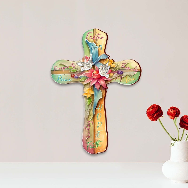 Easter Wooden Cross with Doves by G. Debrekht – Easter Spring Decor – 88167