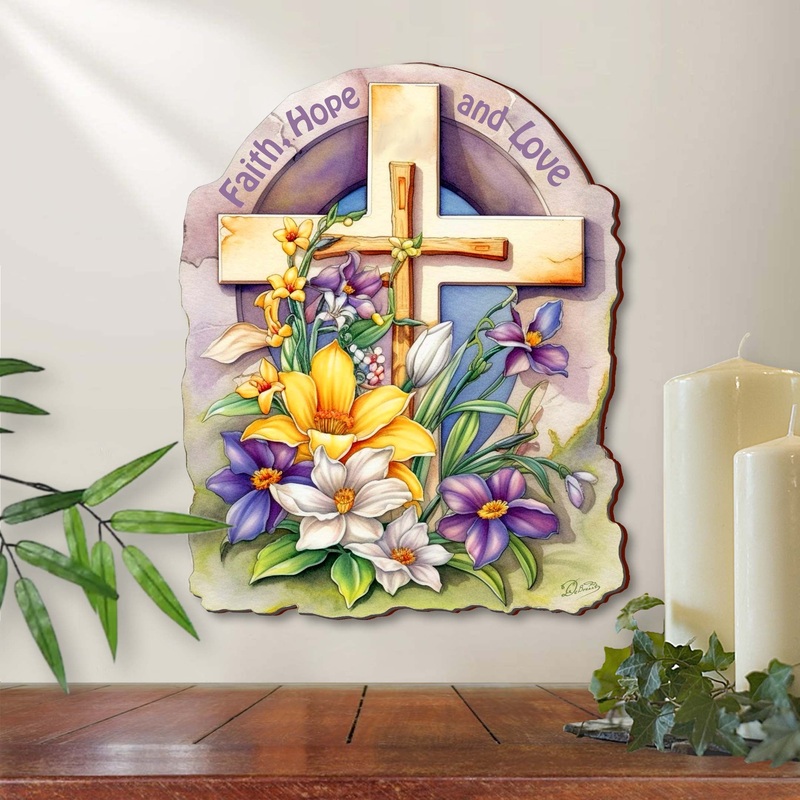 Faith, Hope, and Love Wooden Cross by G. Debrekht – Easter Spring Decor – 88160