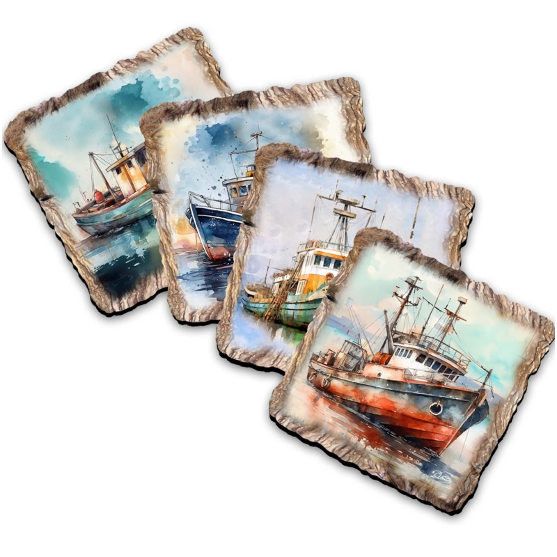Fishing Boats Wooden Cork Coasters Gift Set of 4 by Nature Wonders Coastal Nature Wildlife Decor  – 95402C-S4