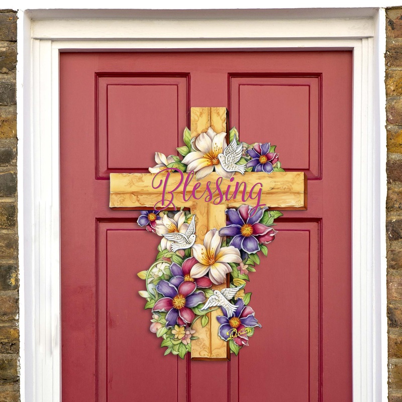Floral Dove Blessing Cross Holiday Door Decor by G. Debrekht – Easter Spring Decor – 8688163H