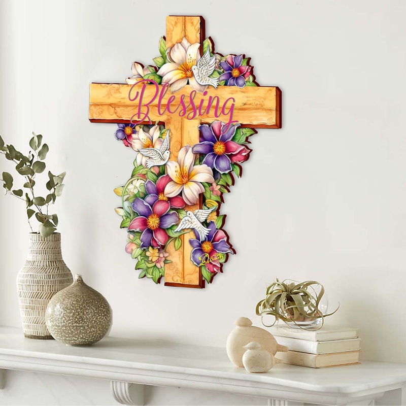 Floral Dove Blessing Wooden Cross by G. Debrekht – Easter Spring Decor – 88163