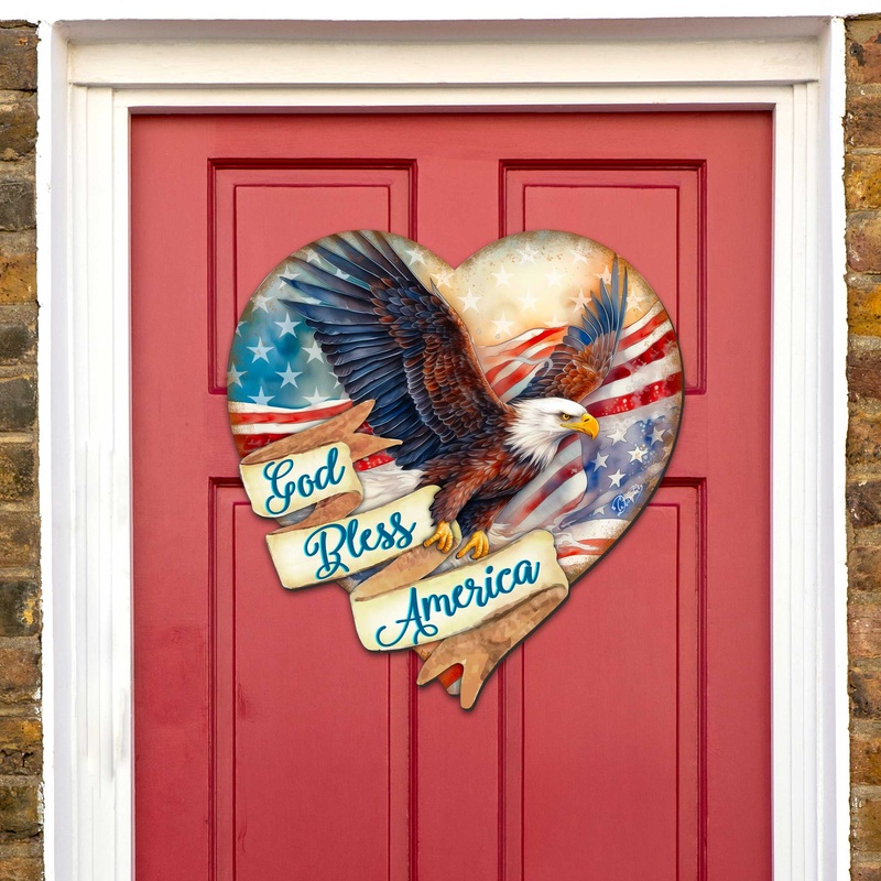 God Bless America Patriotic Eagle Heart Decorative Holiday Door Decor by G. DeBrekht – American Christmas Decor – 8652789H