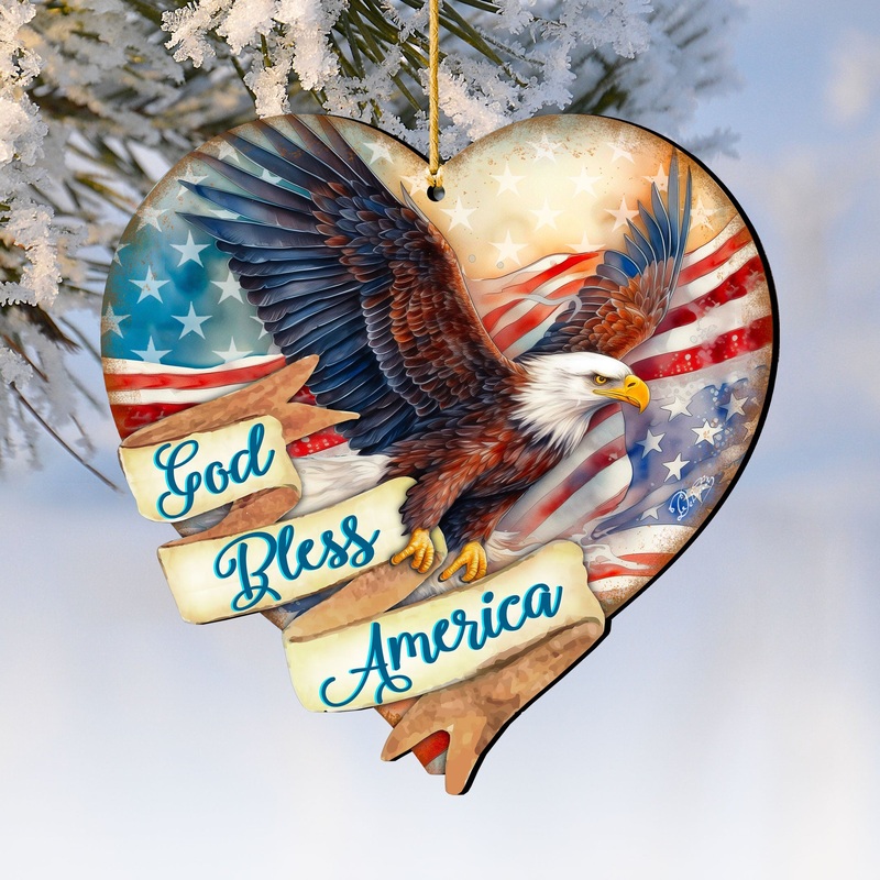 God Bless America Patriotic Eagle Heart Wooden Ornaments by  American Holiday Decor – 8652789