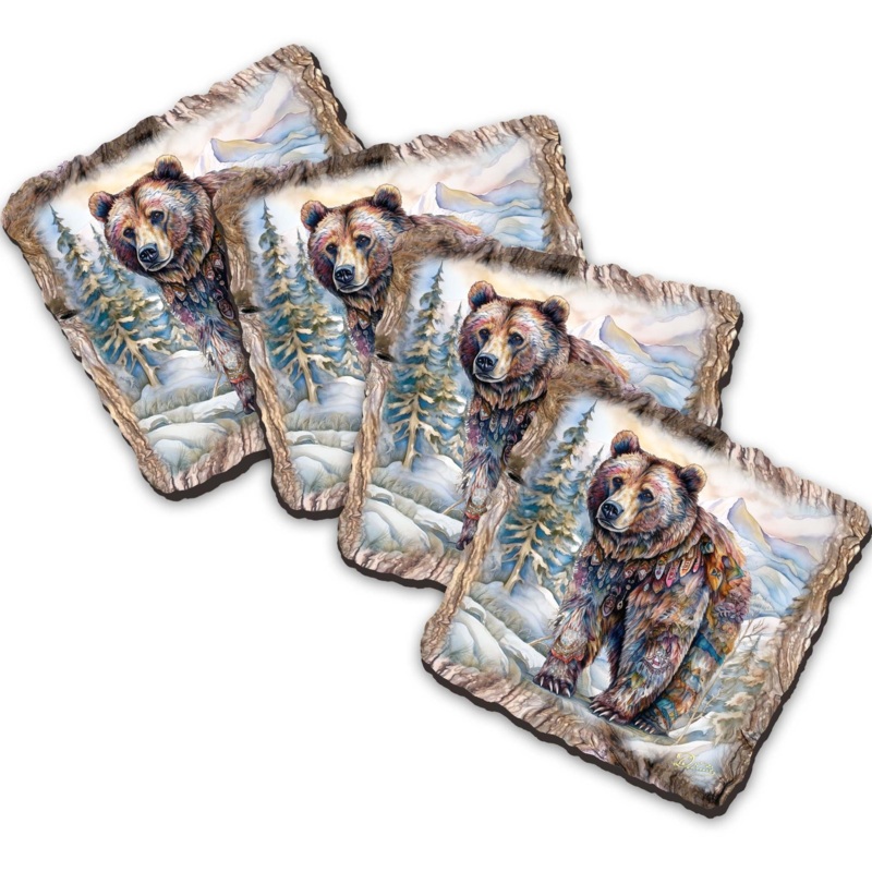 Grizzly Bear Wooden Cork Coasters Gift Set of 4 by Nature Wonders Nature Wildlife Decor  – 95397C-S4