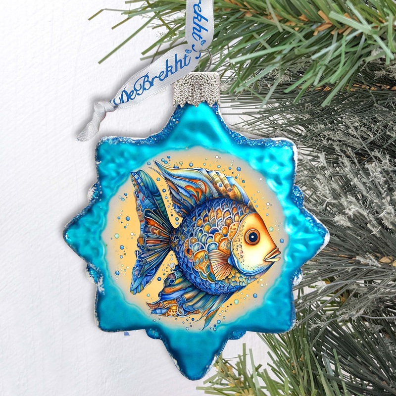 Holiday Coastal Ornament – Azure Fish Keepsake Glass Ornaments by G. Debrekht – Coastal Holiday Decor – 777406