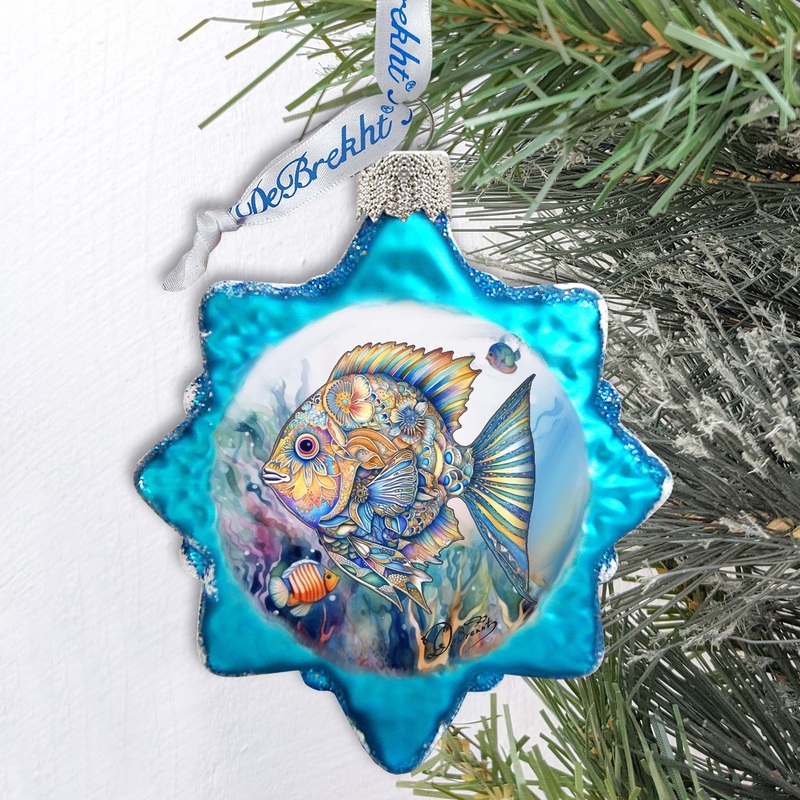 Holiday Coastal Ornament – Blue Fish Keepsake Glass Ornaments by G. Debrekht – Coastal Holiday Decor – 777399