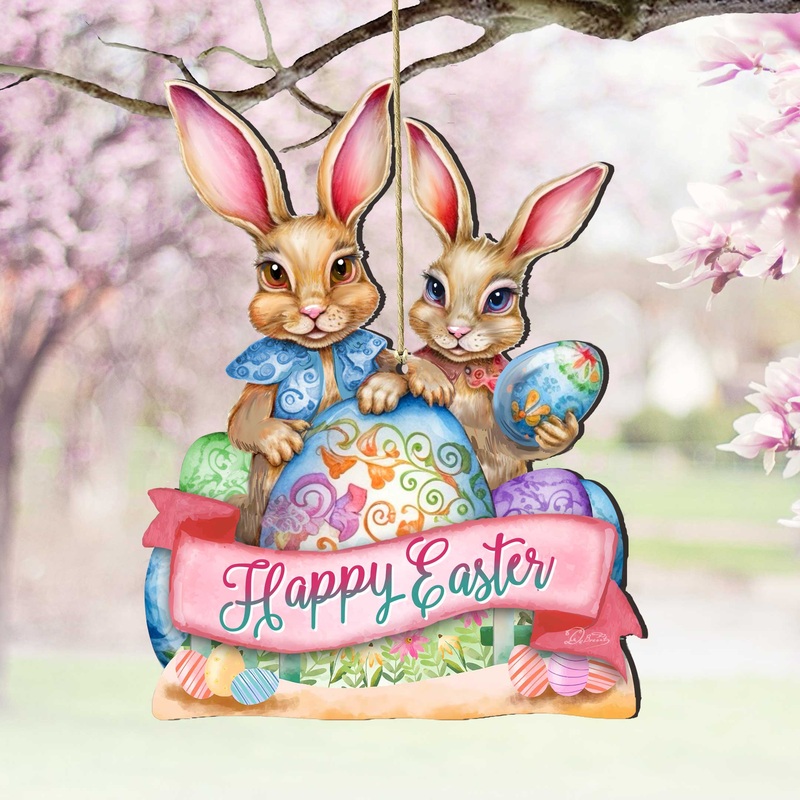 Holiday Easter Ornaments, Easter Gifts, Easter Basket Tag – Happy Easter Bunnies Wooden Ornaments by G. Debrekht Easter Spring Dcor – 8652782