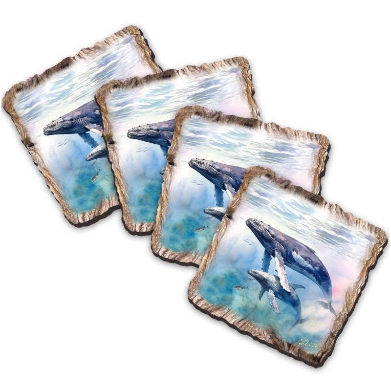 Humpback Whale Wooden Cork Coasters Gift Set of 4 by Nature Wonders Coastal Nature Wildlife Decor  – 95395C-S4