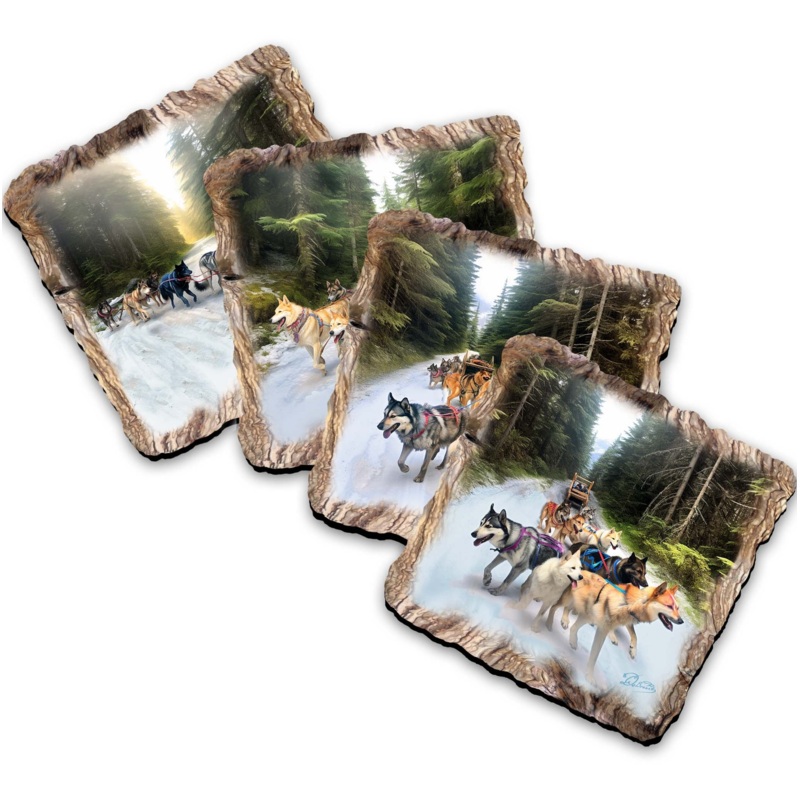 Husky Ride Wooden Cork Coasters Gift Set of 4 by Nature Wonders Nature Wildlife Decor  – 95401C-S4