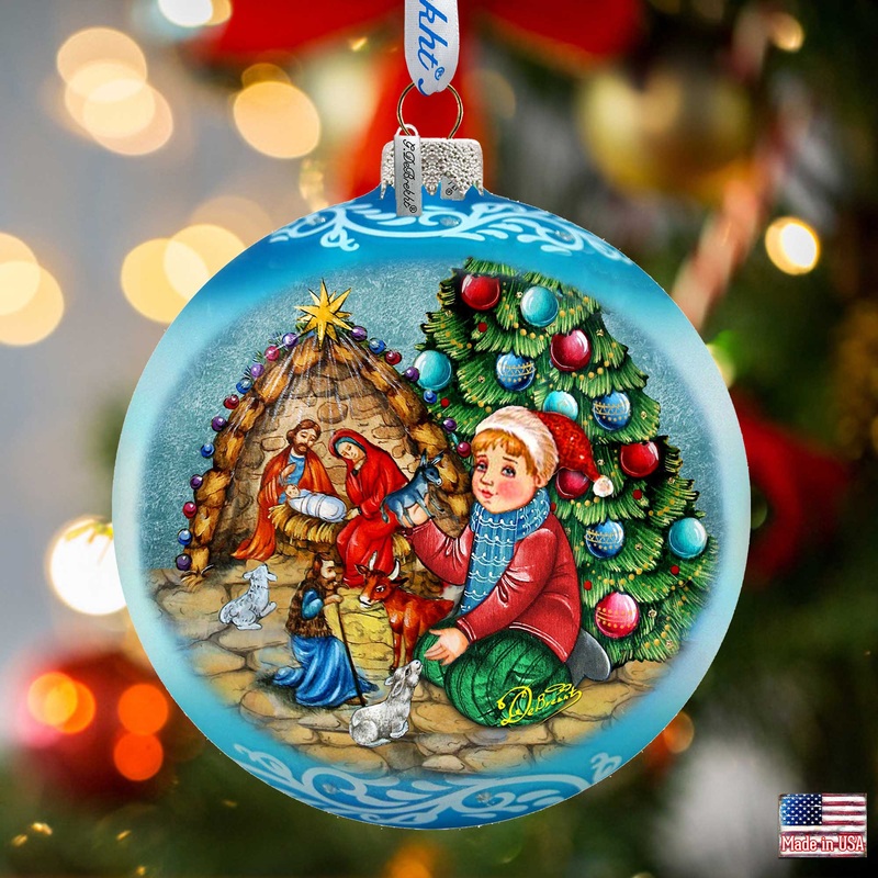 Nativity by the Christmas Tree Lg Glass Ornament in Blue by  – Christmas Decor – 73930B