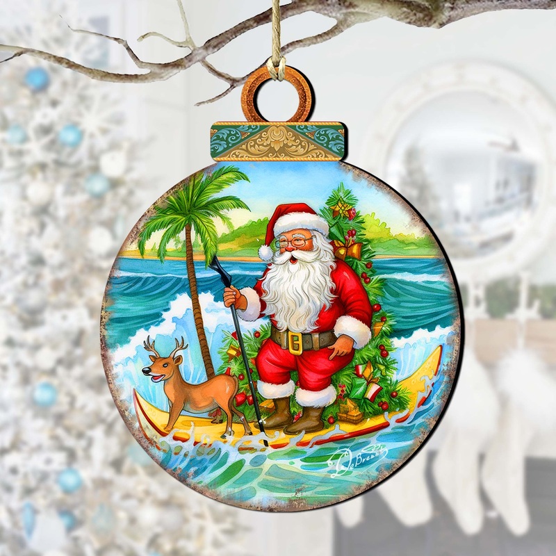 Nautical Christmas Dcor – Santa on the Surfboard Wooden Ornaments by G. Debrekht Coastal Holiday Dcor – 8688185