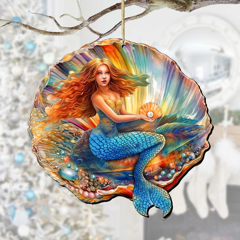 Nautical Christmas Decor – Mermaid in the Shell Wooden Ornaments by  Coastal Holiday Decor – 8688200
